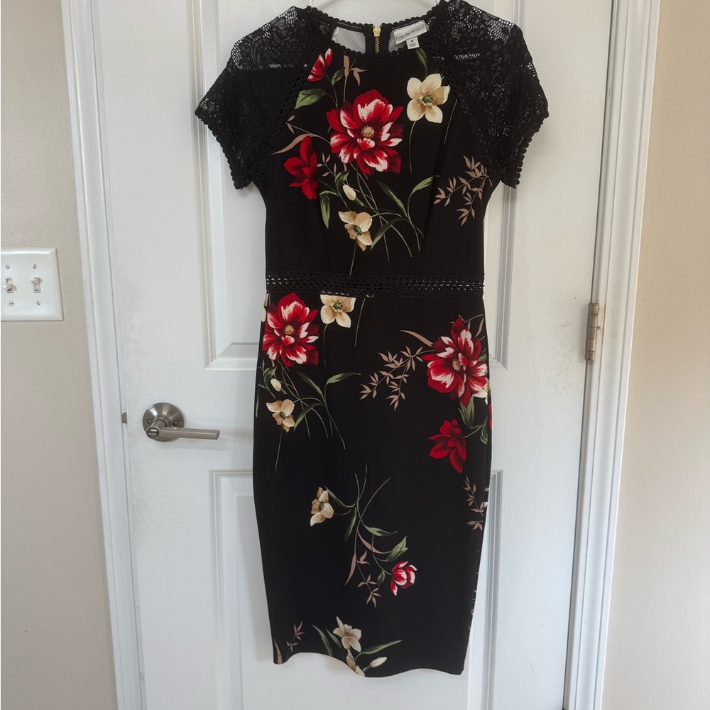 Premier Elegant Black Midi Dress with Floral Accents